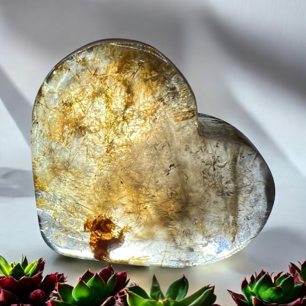Rare Smoky Quartz Heart Carving with Golden Healer Small Rutile‎ Inclusions